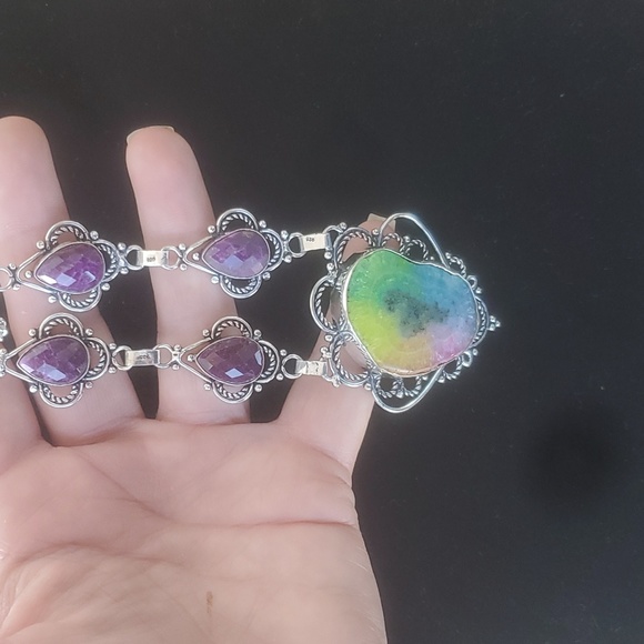 New Rainbow Solar Quartz Agate and Amethyst 925 Silver Necklace. - Picture 8 of 8